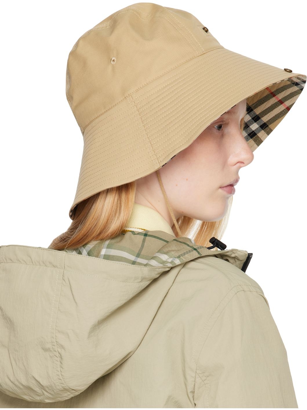 Beige Check Brim Gabardine Bucket Hat - 3
