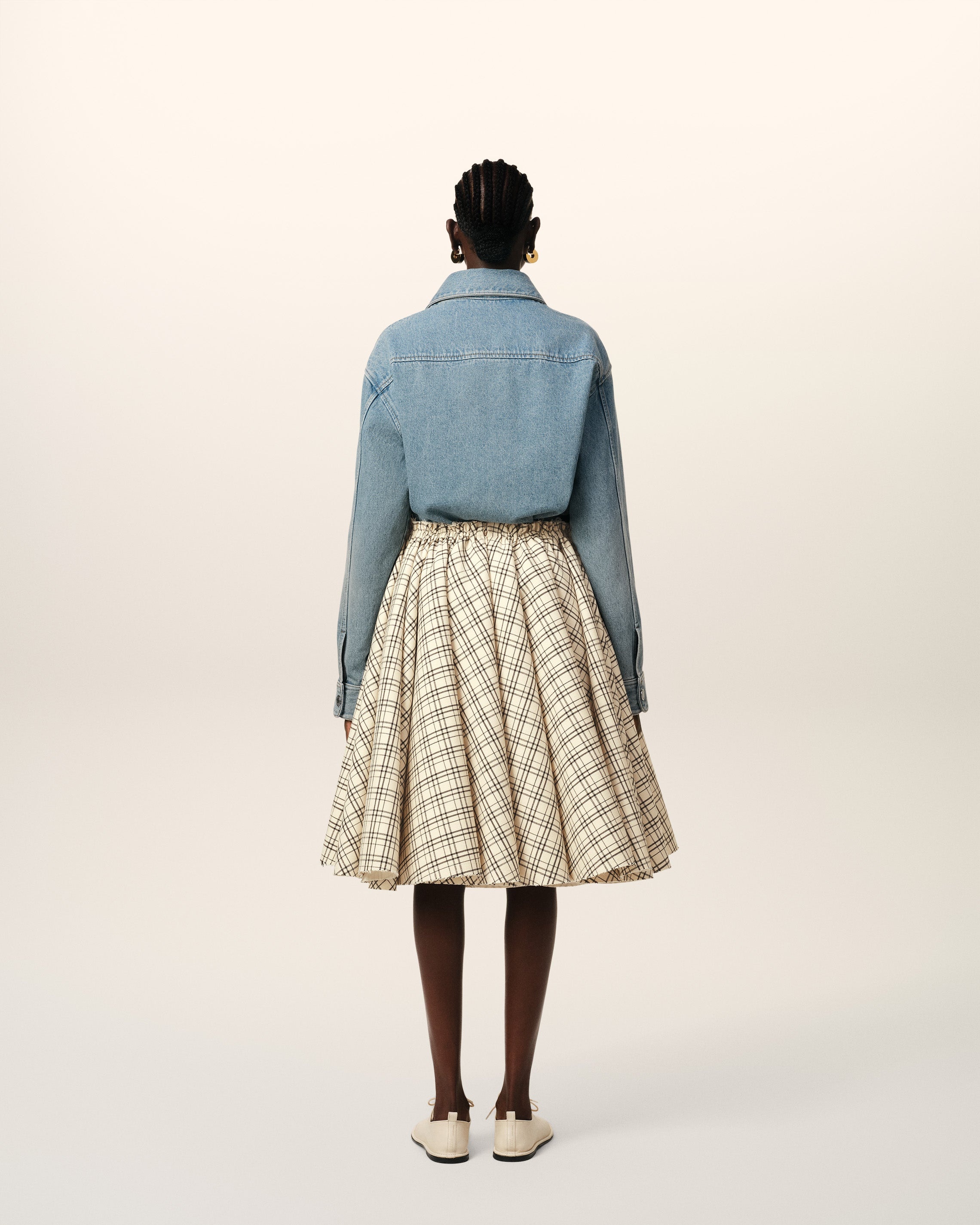 BEIGE CHECKED WOOL SKIRT WITH GODETS - 4