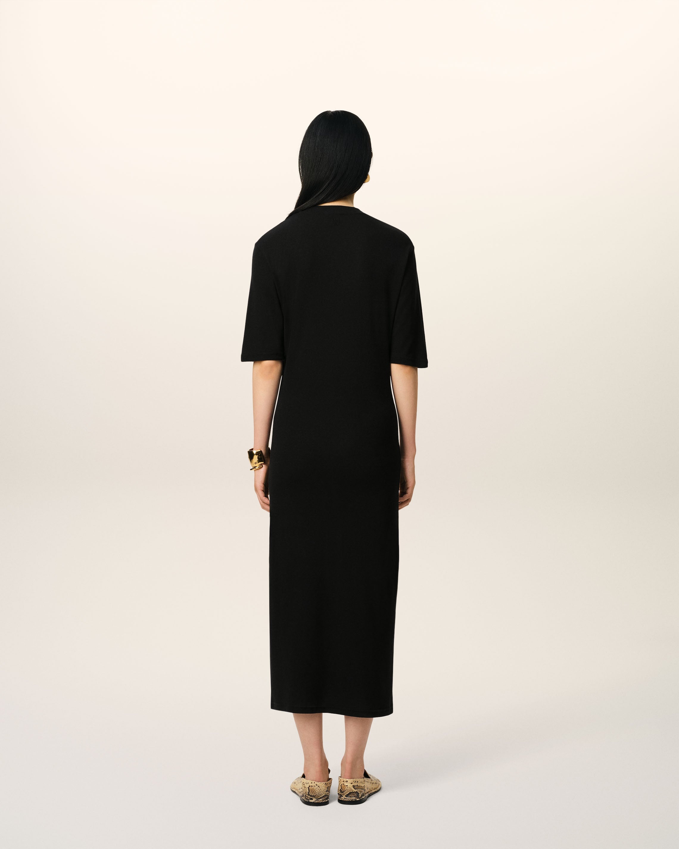 BLACK COTTON SHORT SLEEVE MIDI DRESS - 5