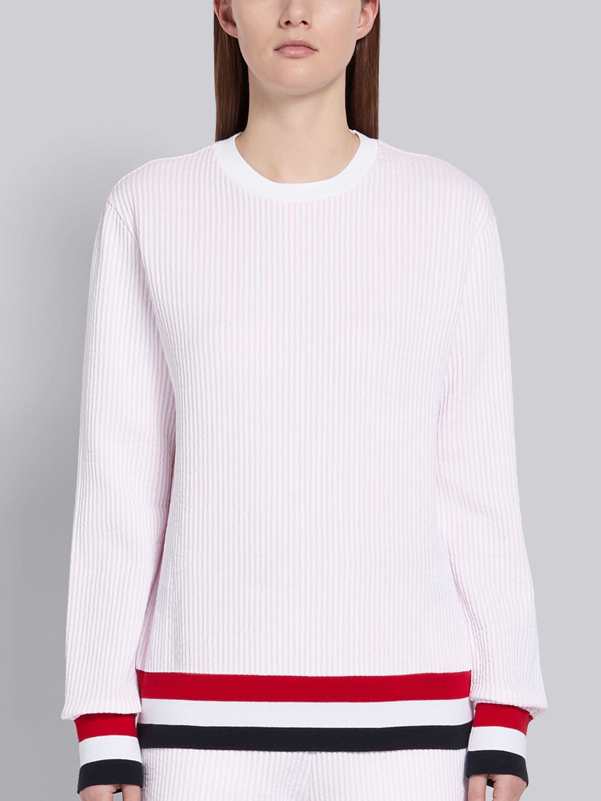 Pink Cotton Seersucker Tri-color Trim Crewneck Sweatshirt - 7