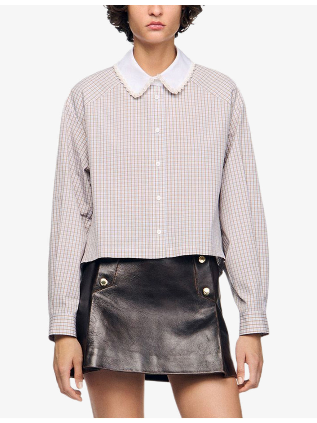 Contrast-Collar Long-Sleeve Checked Flannel Shirt - 6