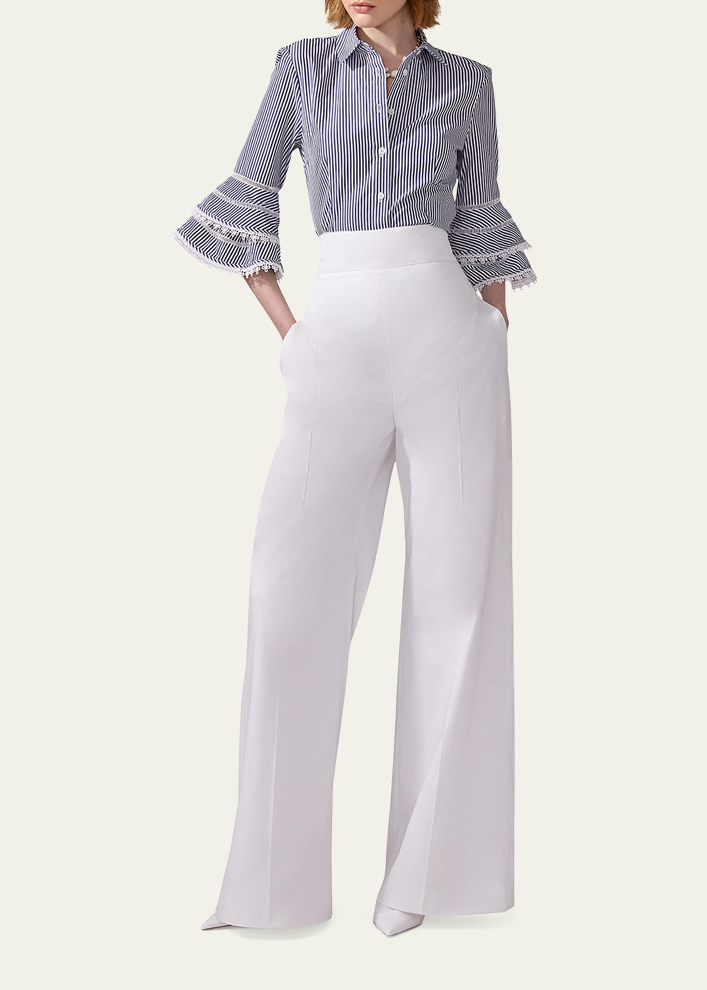 Stripe Tiered Ruffle Sleeve Button Down Top - 2