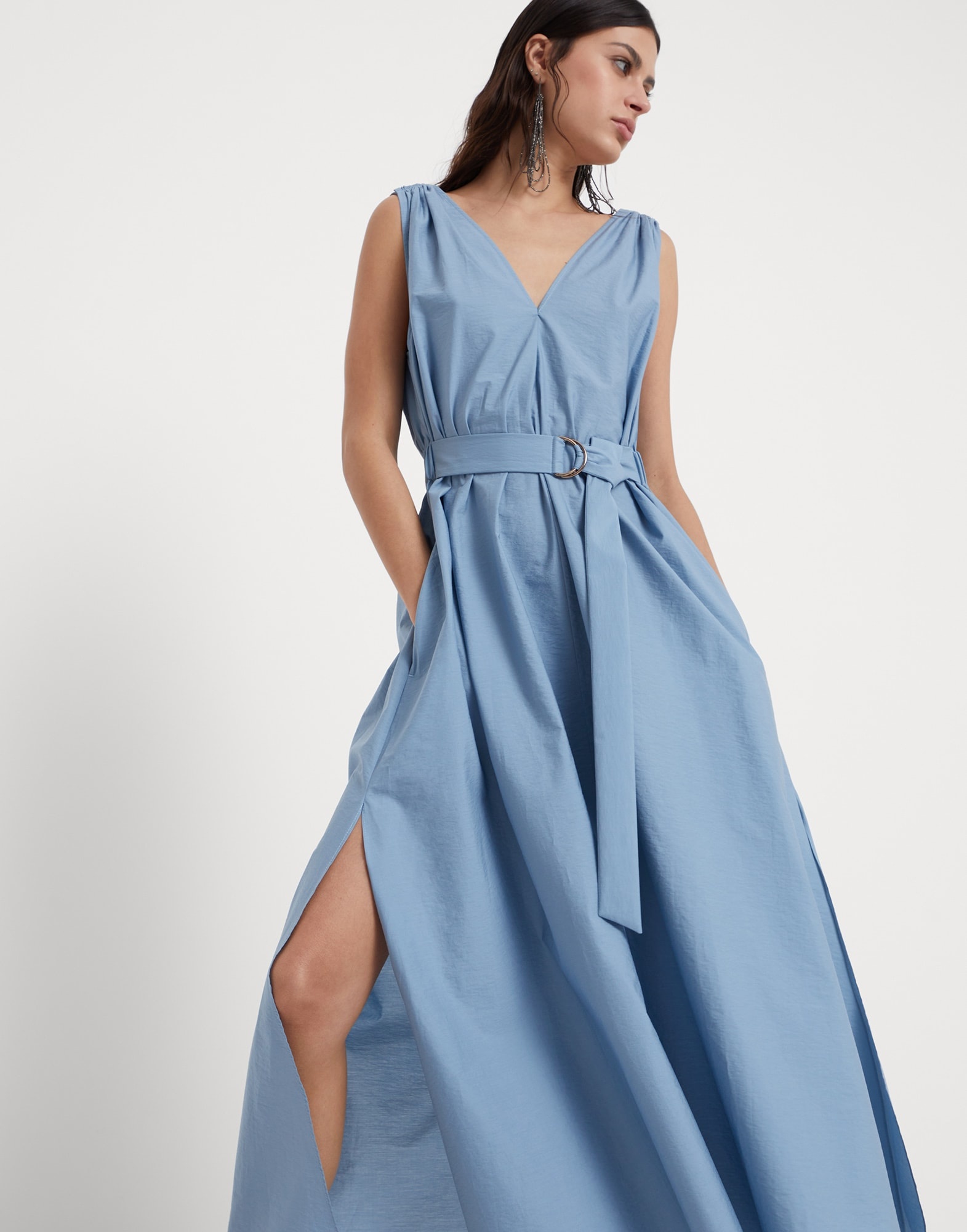 Techno cotton poplin belted dress with precious shoulder detail - 4