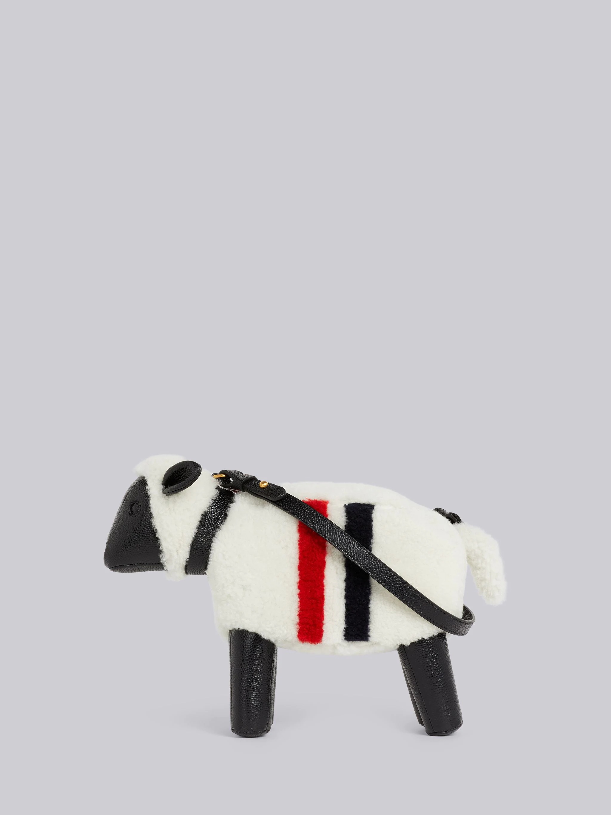 White Curly Merino Shearling Intarsia Stripe Small Sheep Bag - 1