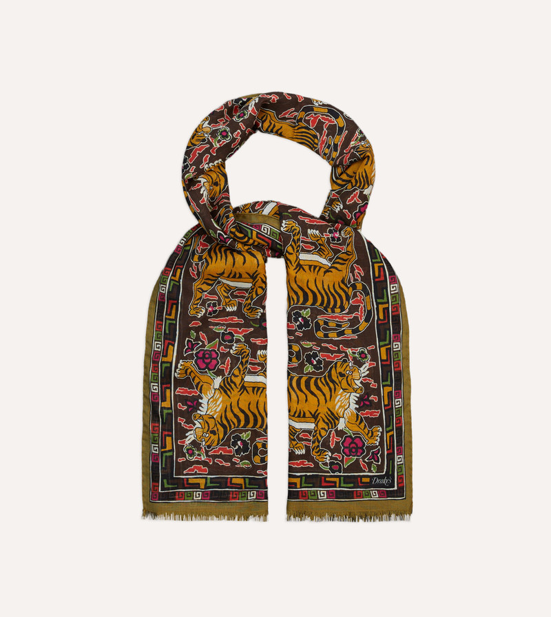 Brown Tiger Print Wool-Silk Scarf 4