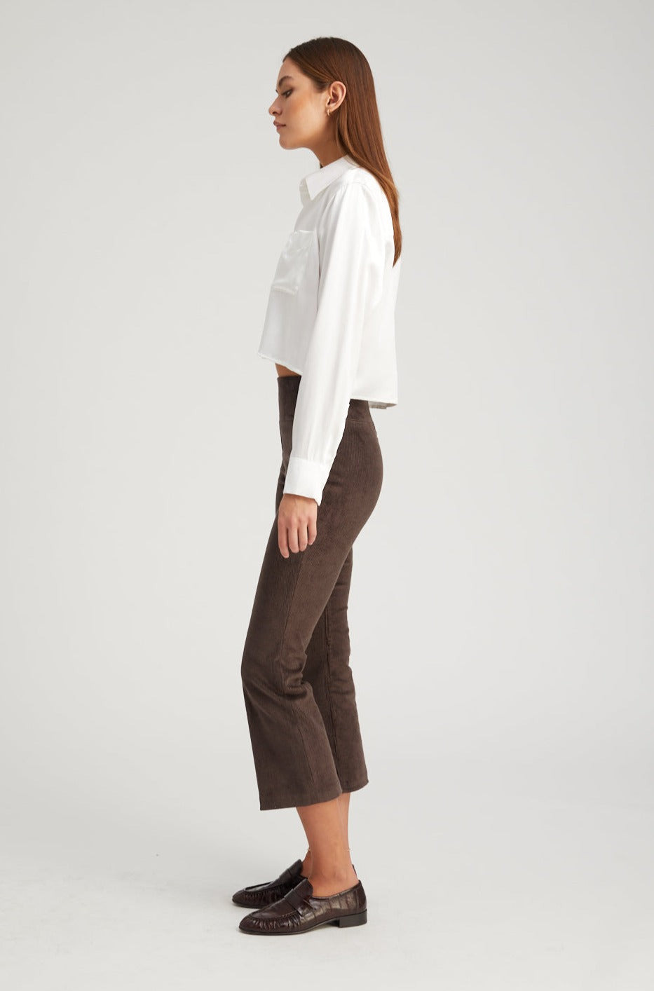 DARK CHOCOLATE CORDUROY CROP FLARE PANTS - 2