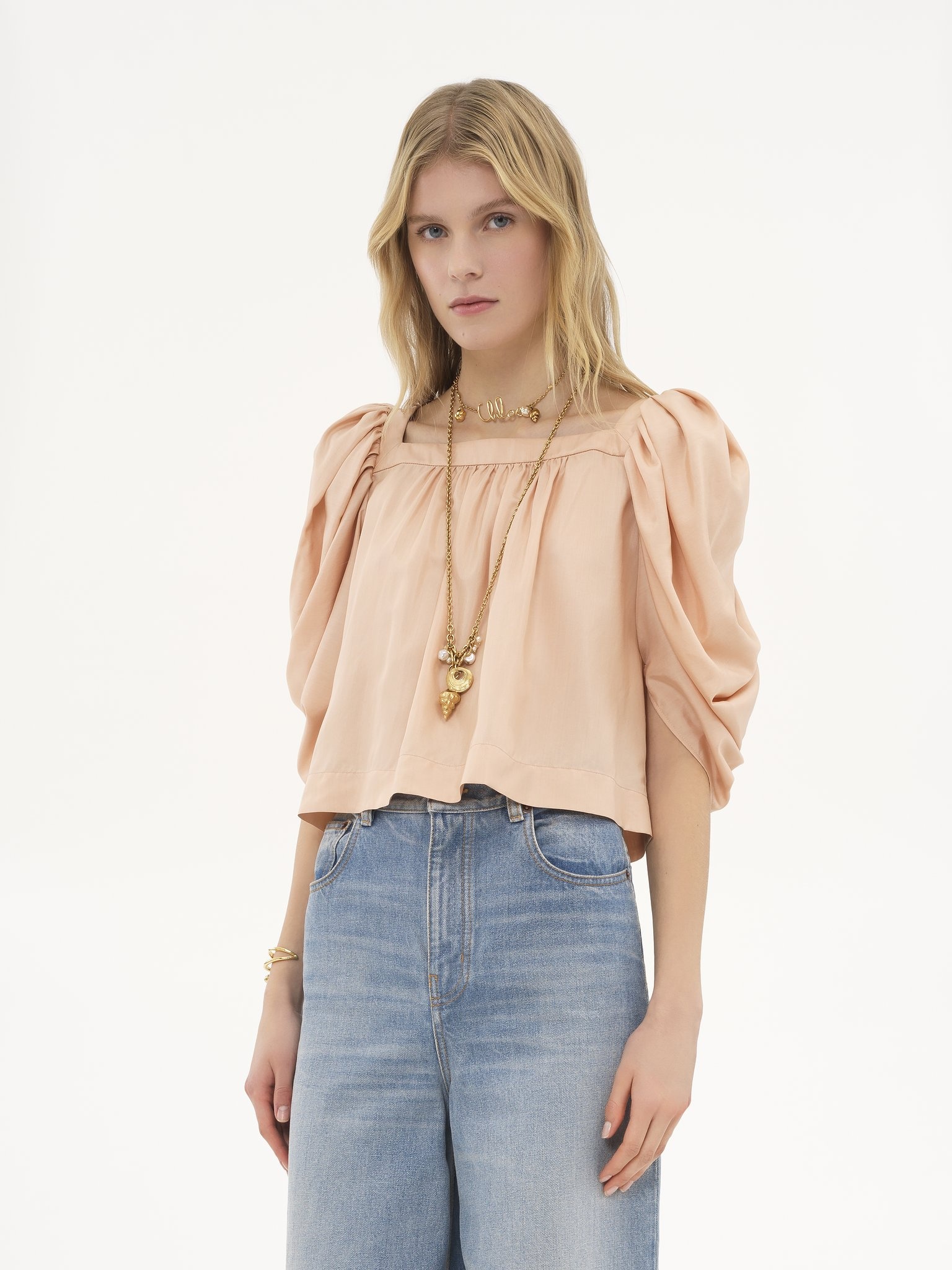 PUFF-SLEEVE PLEATED TOP IN SILK POPLIN - 4