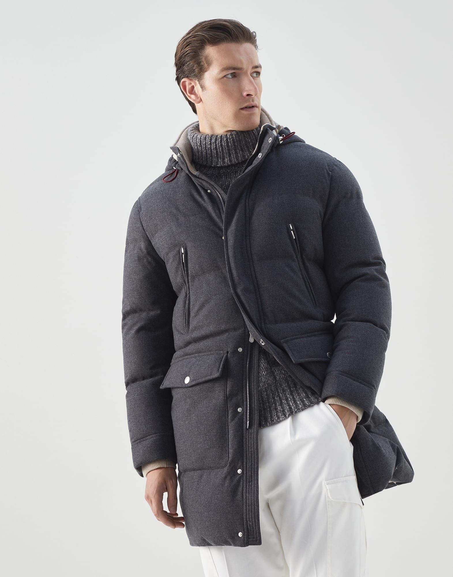 Wool, silk and cashmere bonded diagonal long down coat with detachable hood - 1