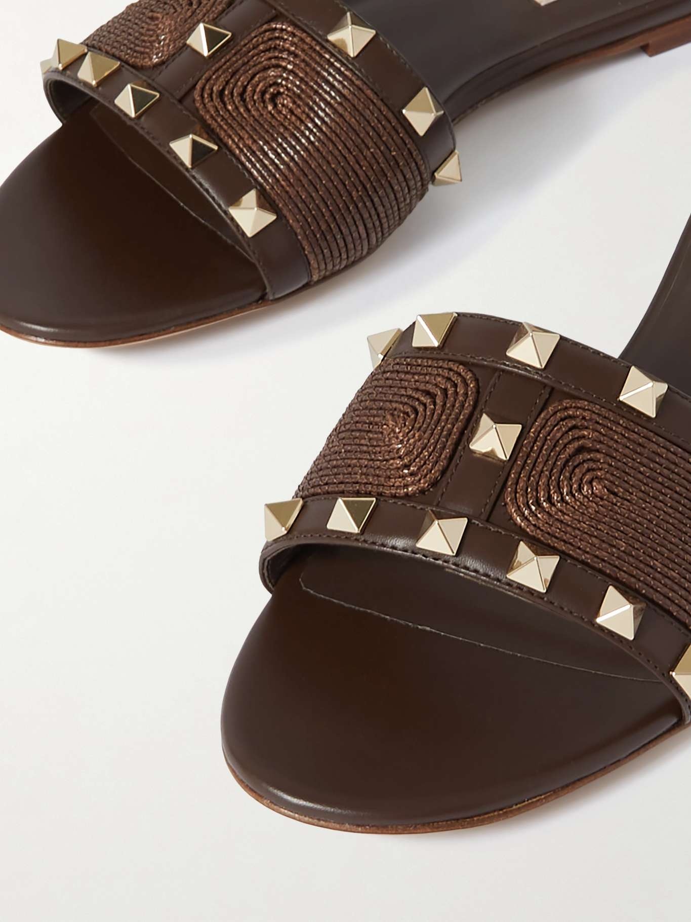 Rockstud raffia and leather slides Dark brown - 4