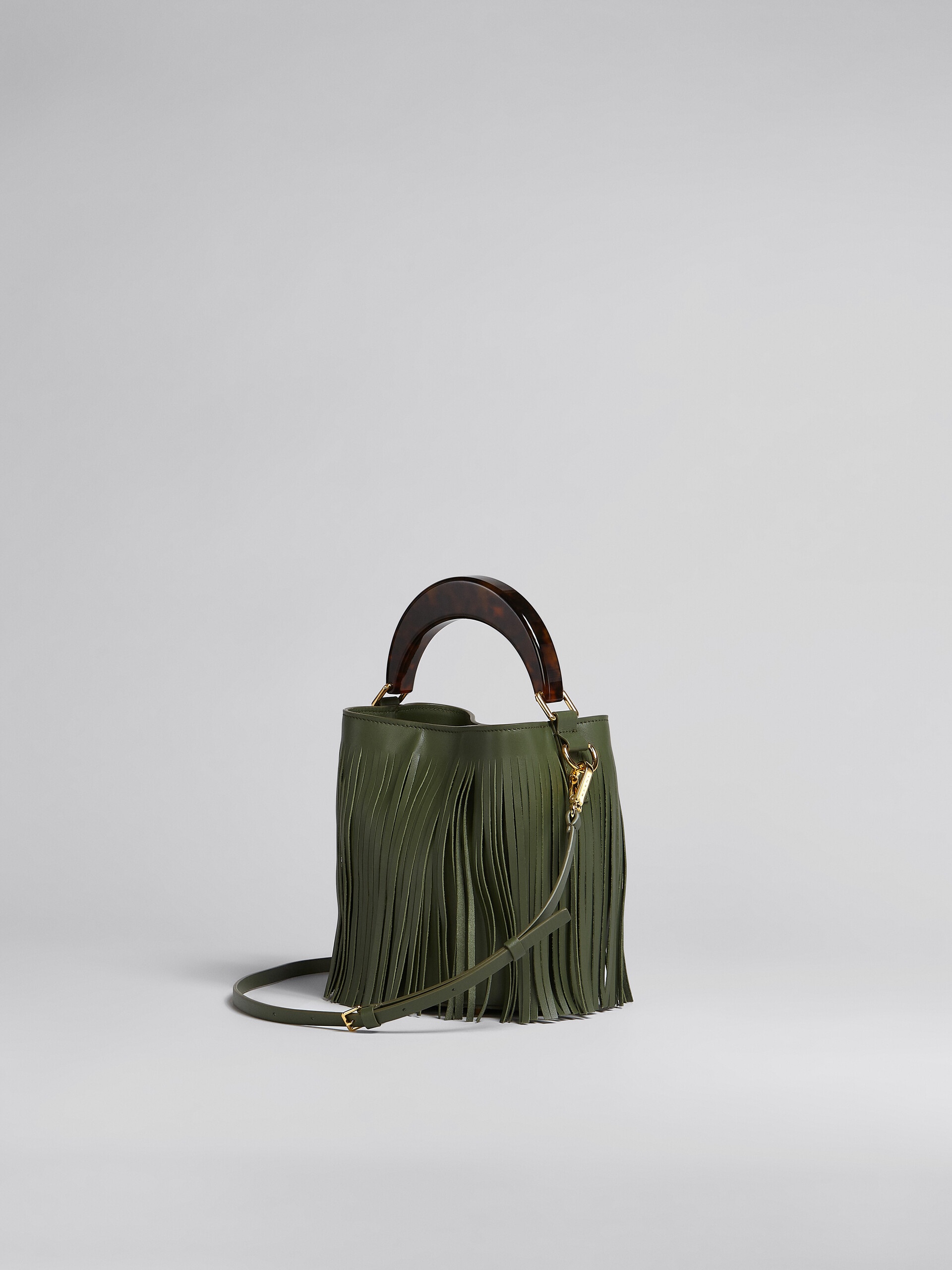 VENICE SMALL BUCKET IN GREEN LEATHER WITH FRINGES - 3
