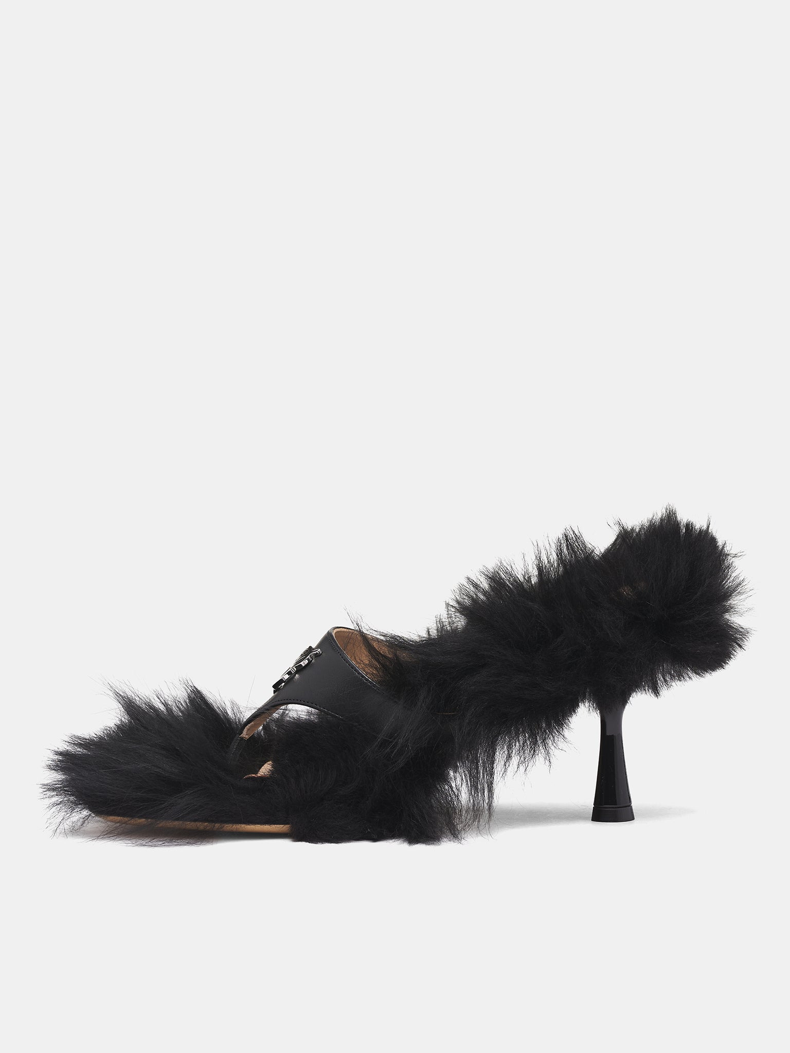 Black Lamb Fur Heeled Sandals - 3