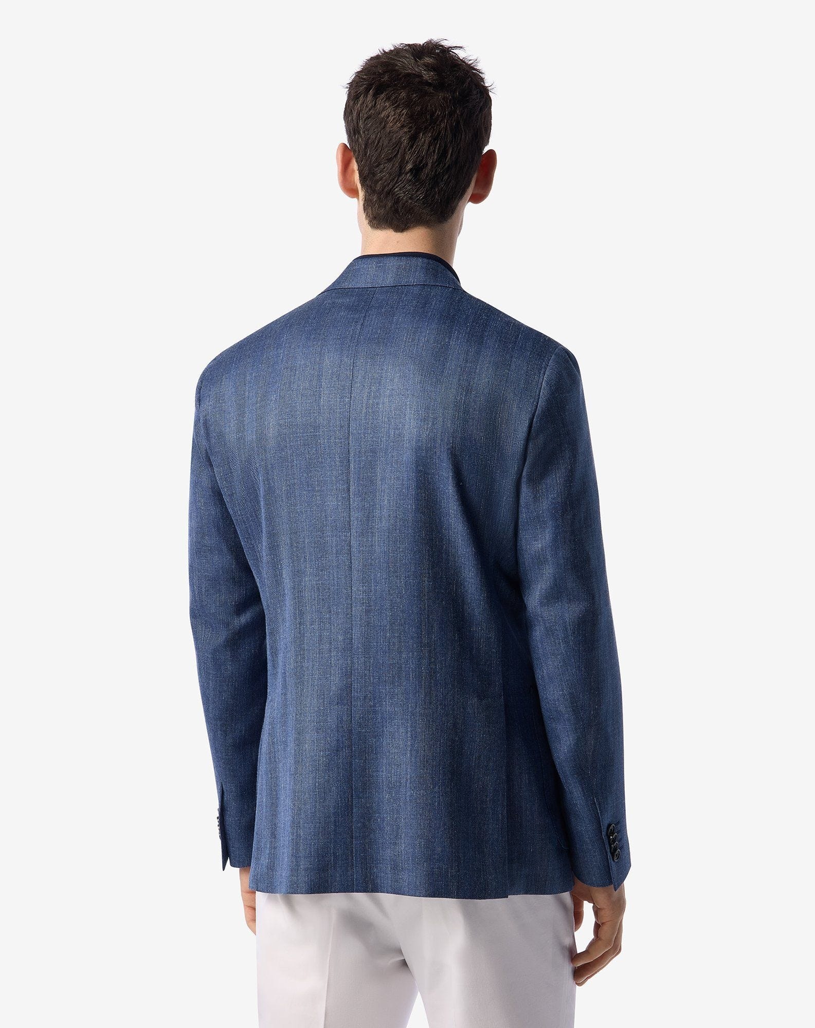 Denim blue wool, silk and linen jacket - 3