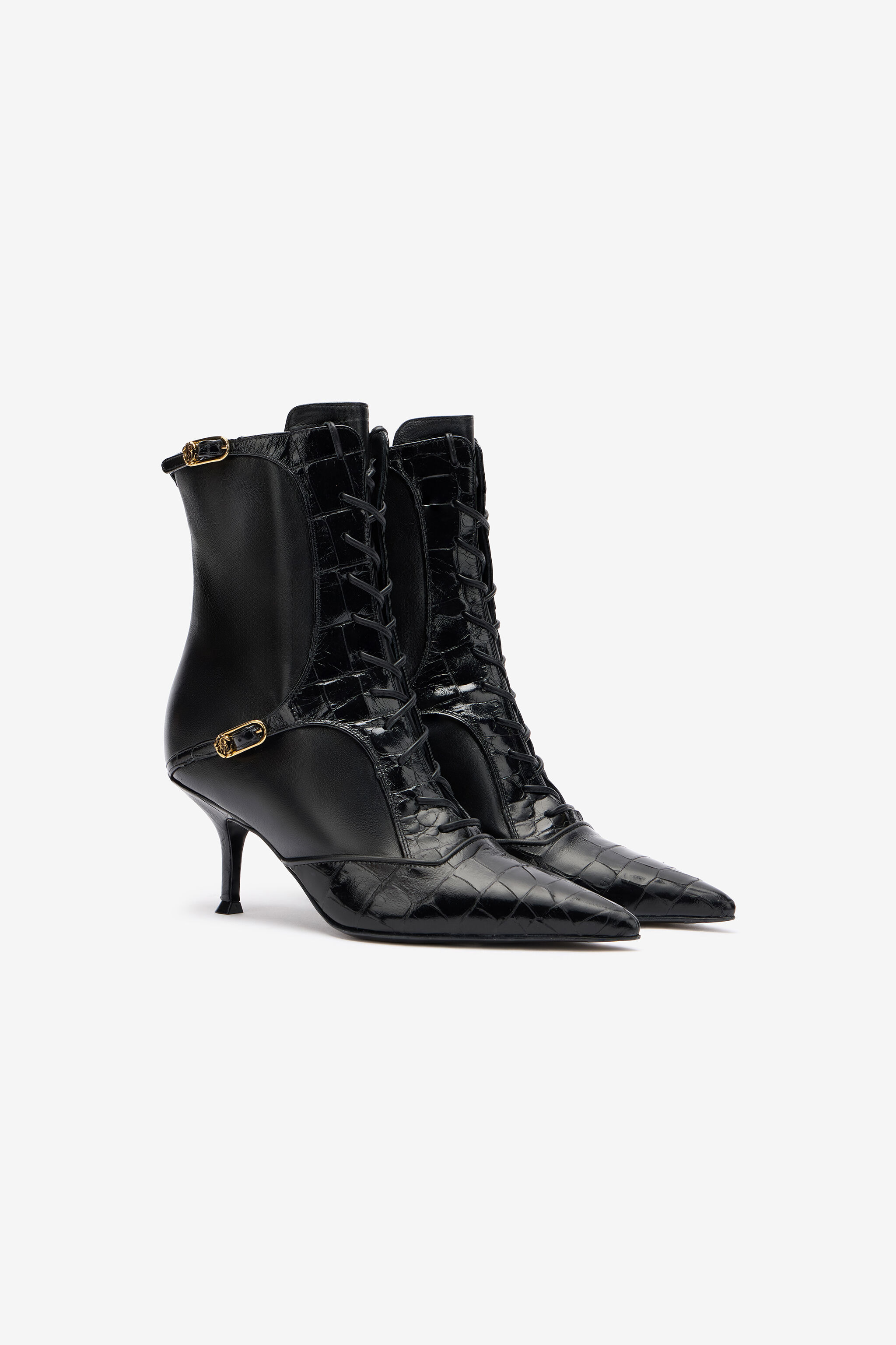 Crocodile-Effect Lace-Up Ankle Boots - 2