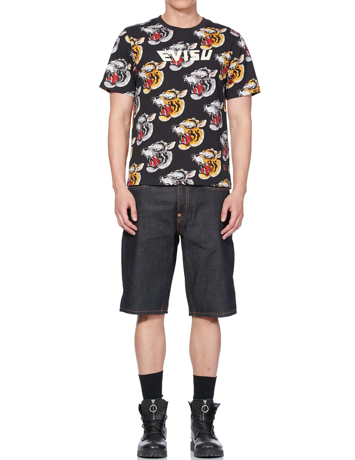 DAICOCK PRINTED DENIM SHORTS WITH TIGER-PATTERNED KAMON EMBROIDERY - 1