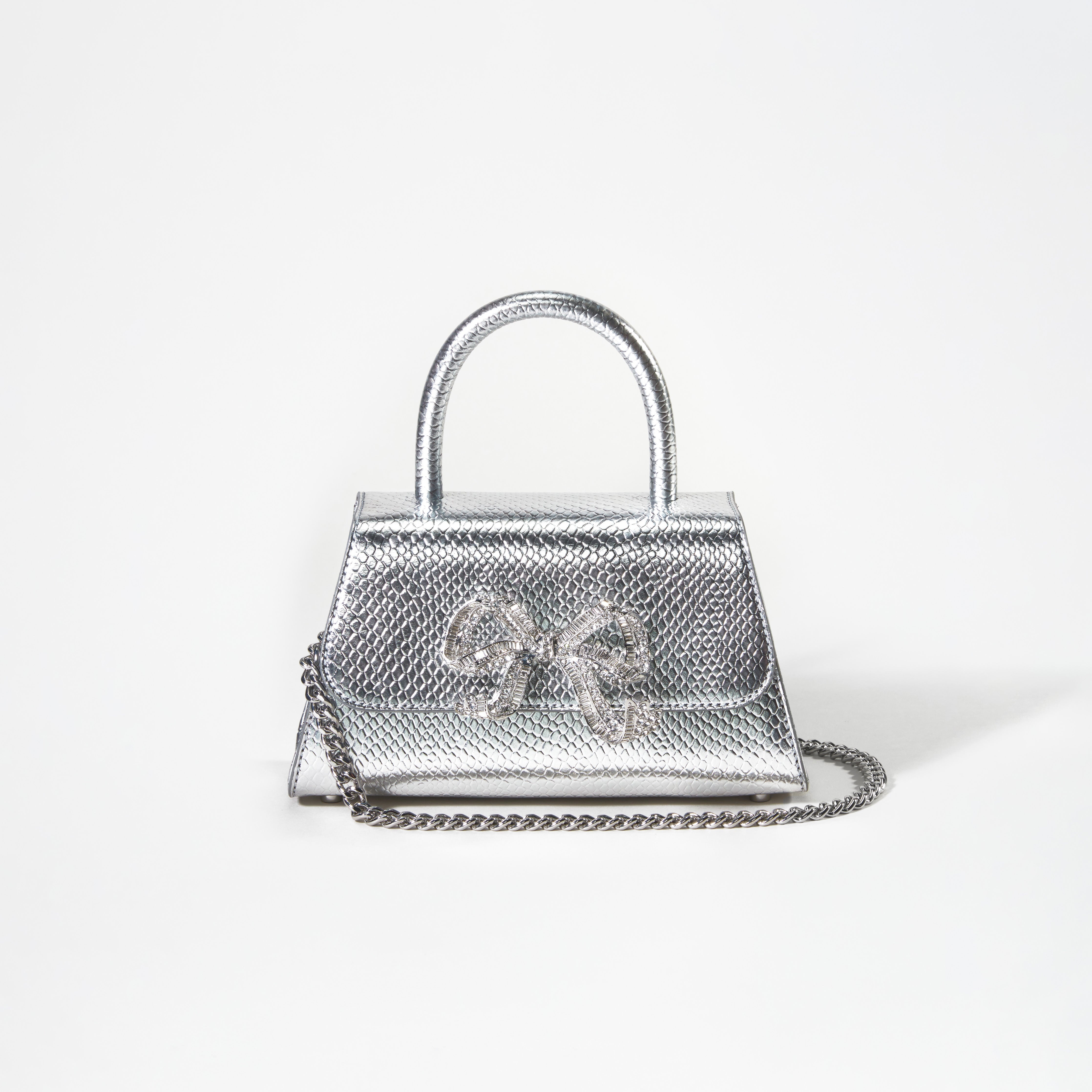 Silver Python Diamante Bow Mini Bag - 4