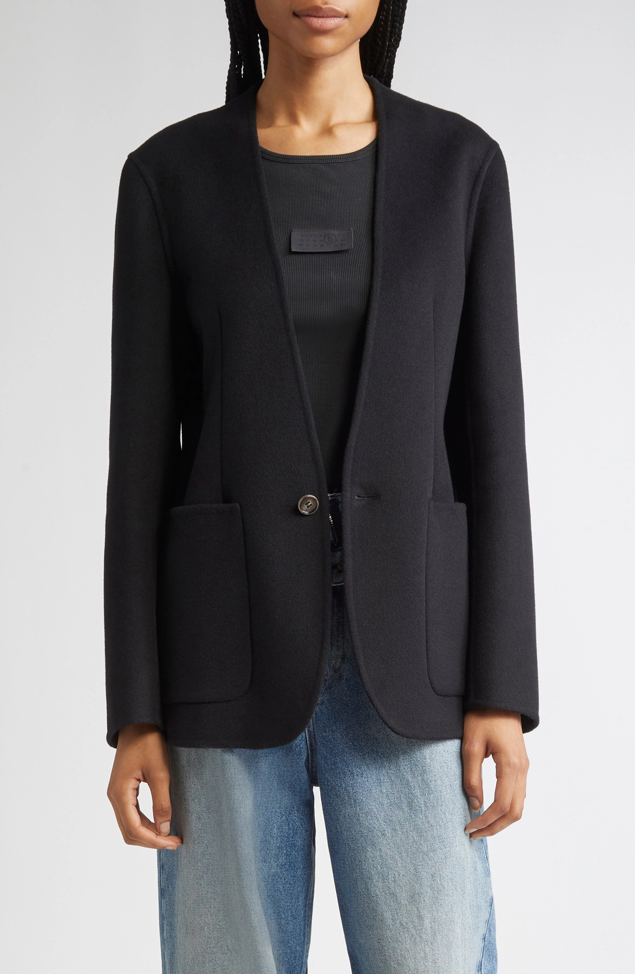 MM6 Maison Margiela Collarless Single Breasted Virgin Wool Blazer in Black at Nordstrom - 1
