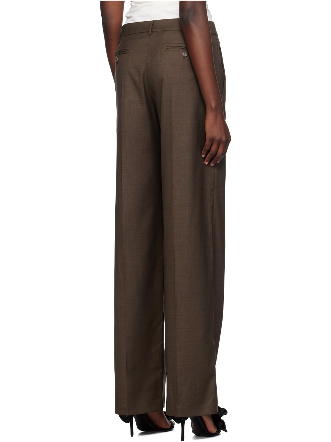 Brown Wide Leg Tailored Wool Trousers - 3