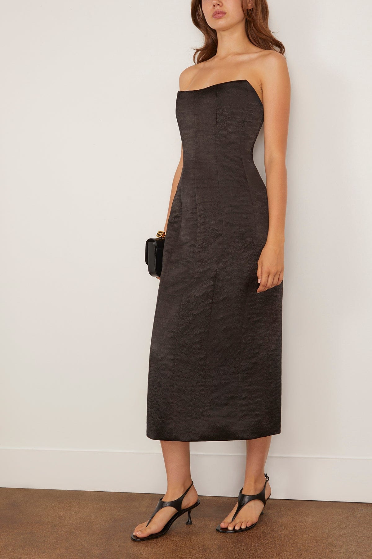Lana Strapless Midi Dress in Black Hammered Satin - 2