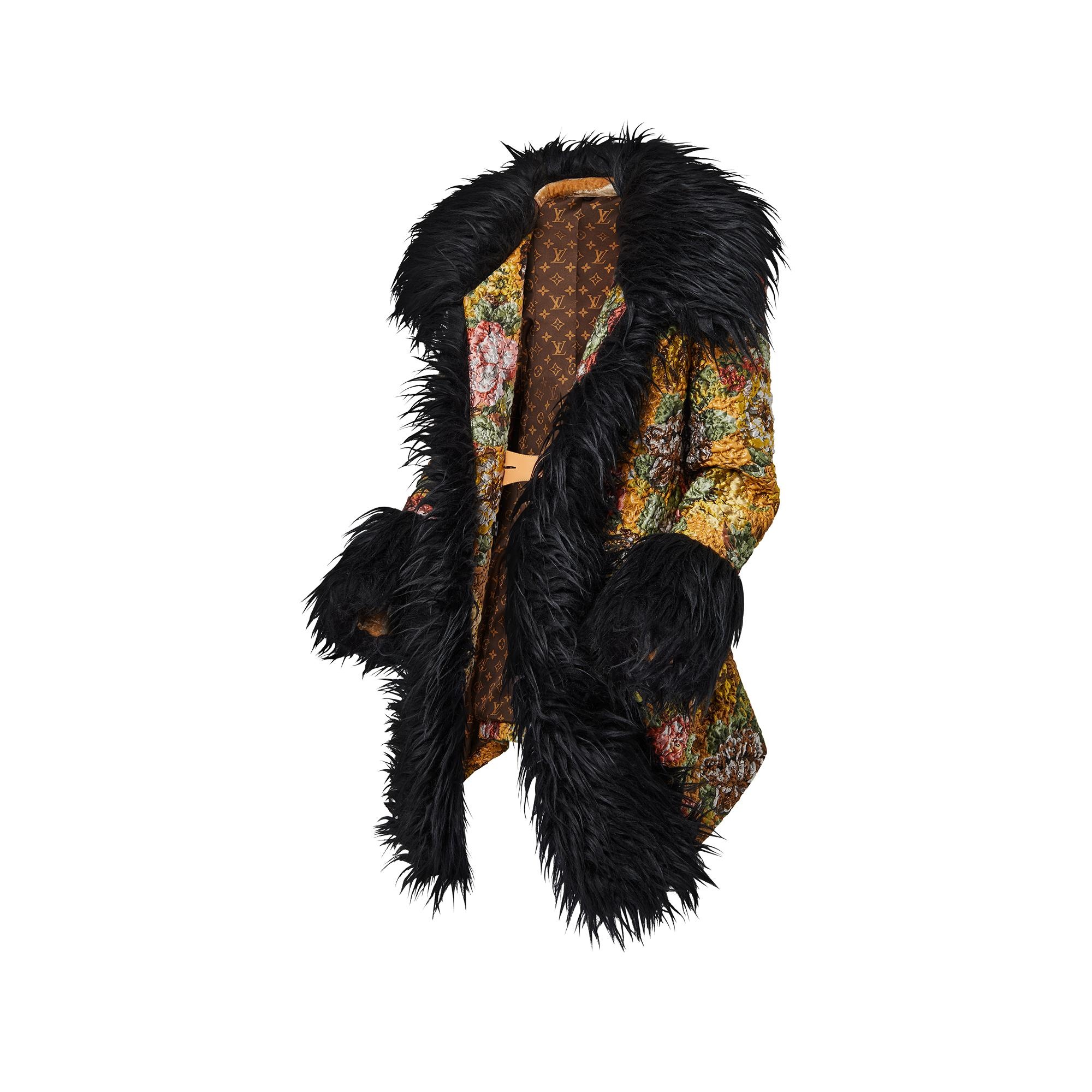 Faux Fur Trim Vintage Flower Coat - 2