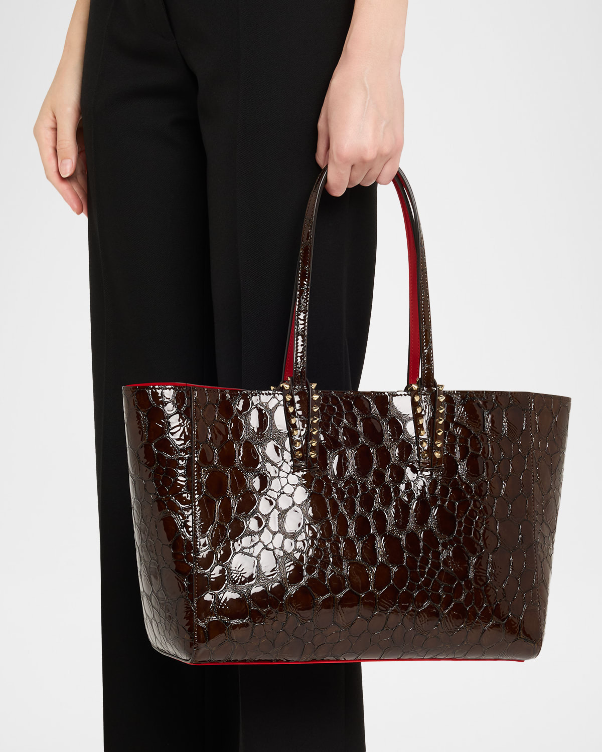 Cabata Small Tote Bag in Glossy Croc-Embossed Leather - 2