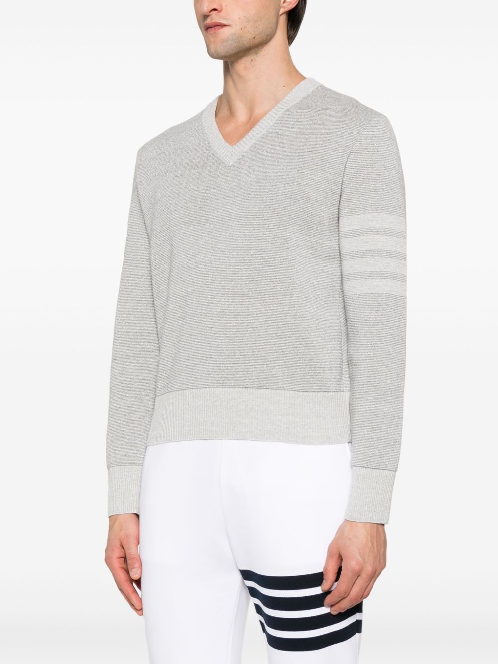 THOM BROWNE - Men Textured Striped Stitch Relaxed Fit V Neck Pullover - 2
