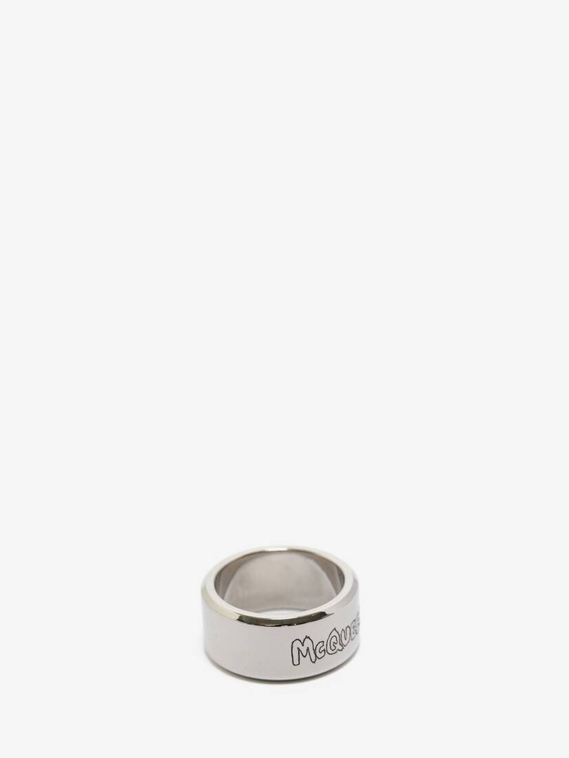 Alexander McQueen Men's McQueen Graffiti Ring in Antique Silver outlook