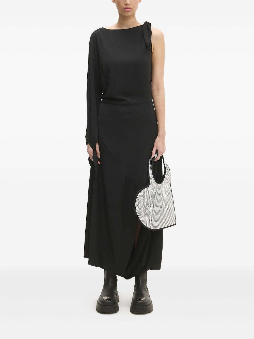 asymmetric-neckline one-sleeve midi dress - 2