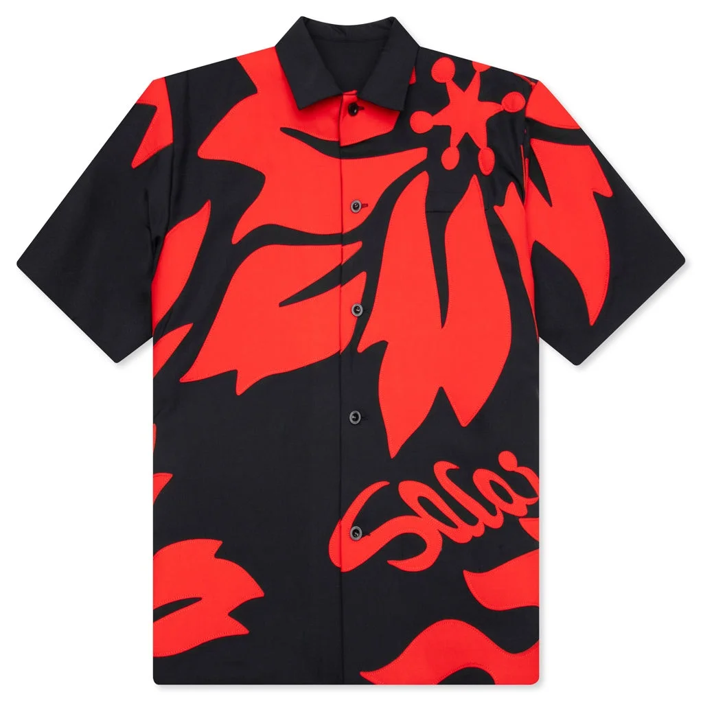 FLORAL EMBROIDERED PATCH SUITING SHIRT - NAVY/RED - 1