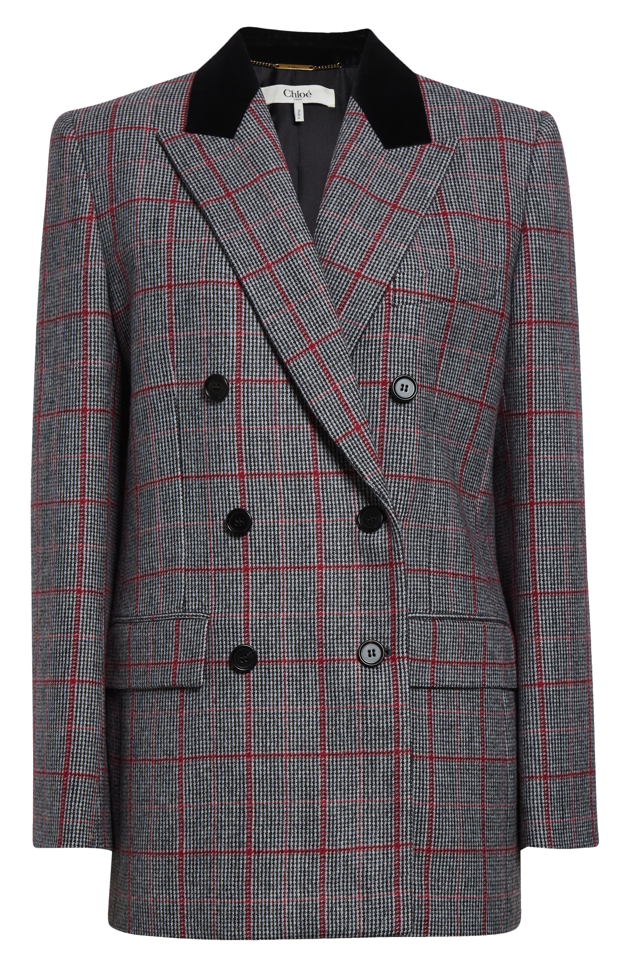 Chloé Double Breasted Plaid Virgin Wool Blazer in Black/White at Nordstrom - 7