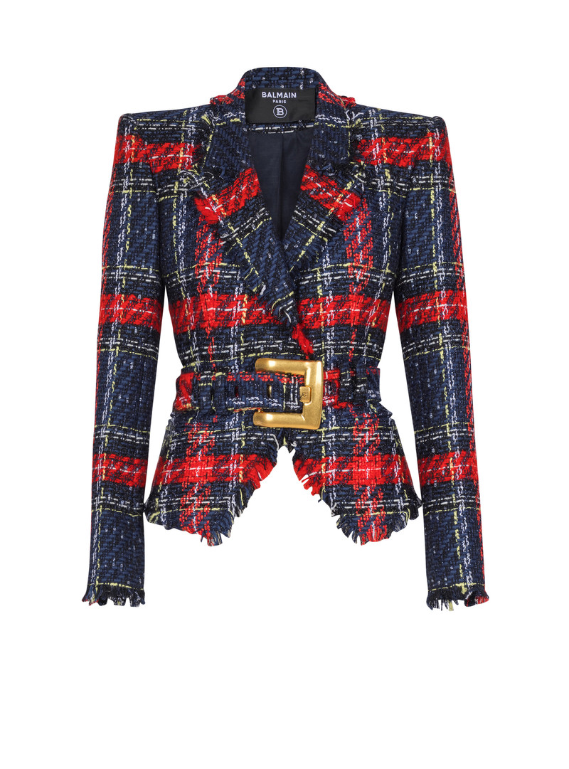 Belted plaid tweed jacket 1