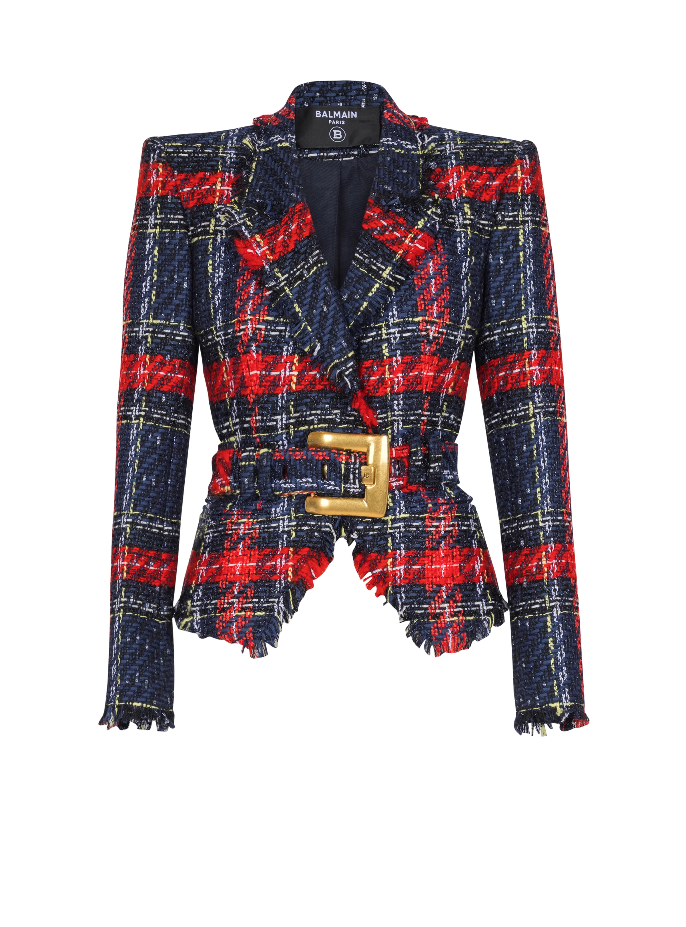 Belted plaid tweed jacket - 1