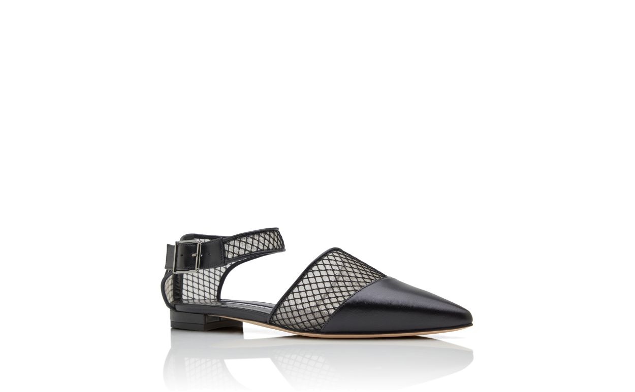 Black Nappa Leather Ankle Strap Flat Pumps - 3