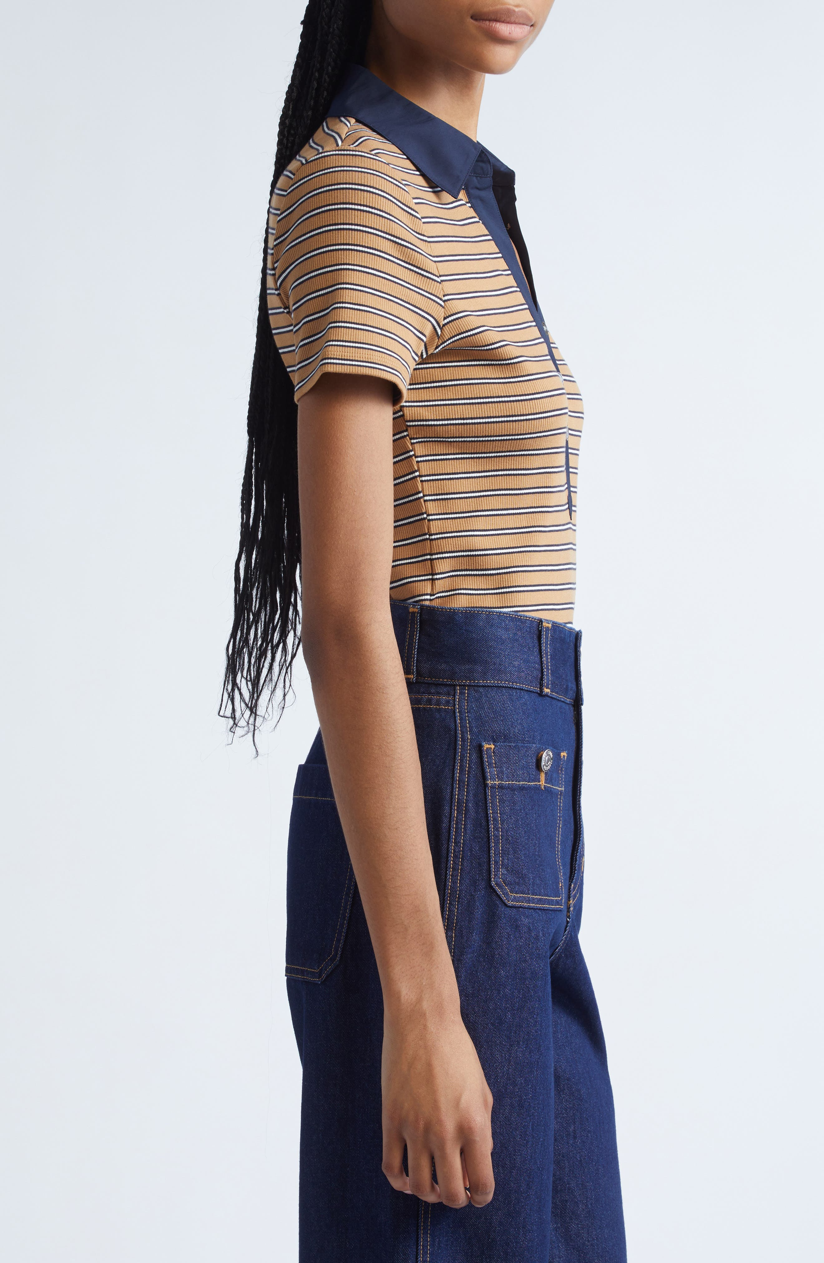 Veronica Beard Kearney Stripe Stretch Cotton Rib Polo in Brown Multi at Nordstrom - 3