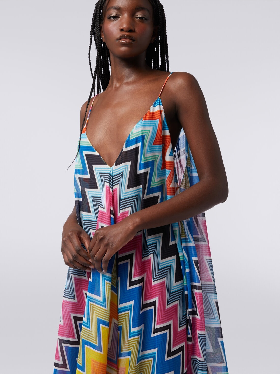 Long cover-up with neck scarf cut in printed cotton and silk - 5