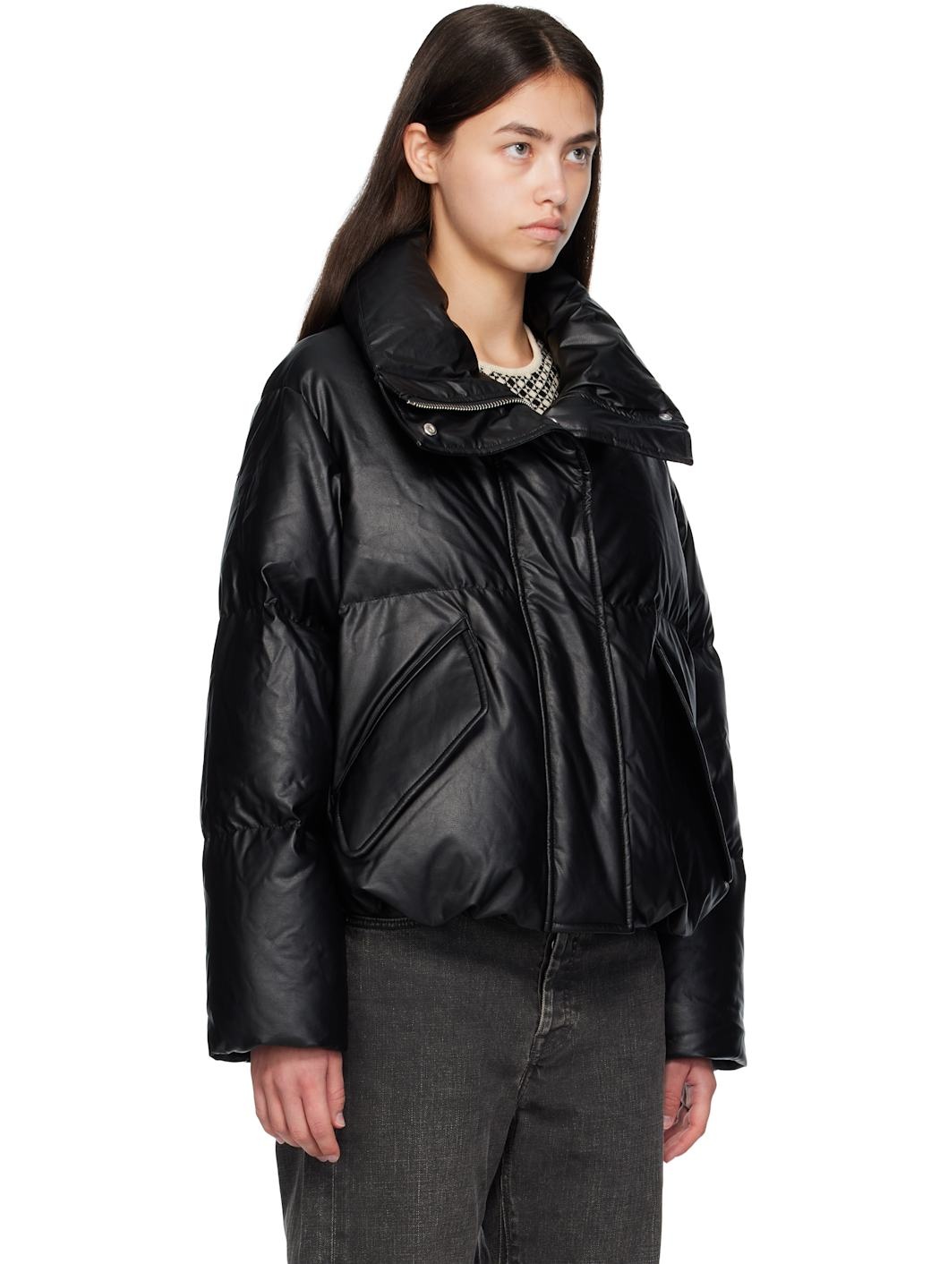 Black Zip Faux-Leather Down Jacket - 2