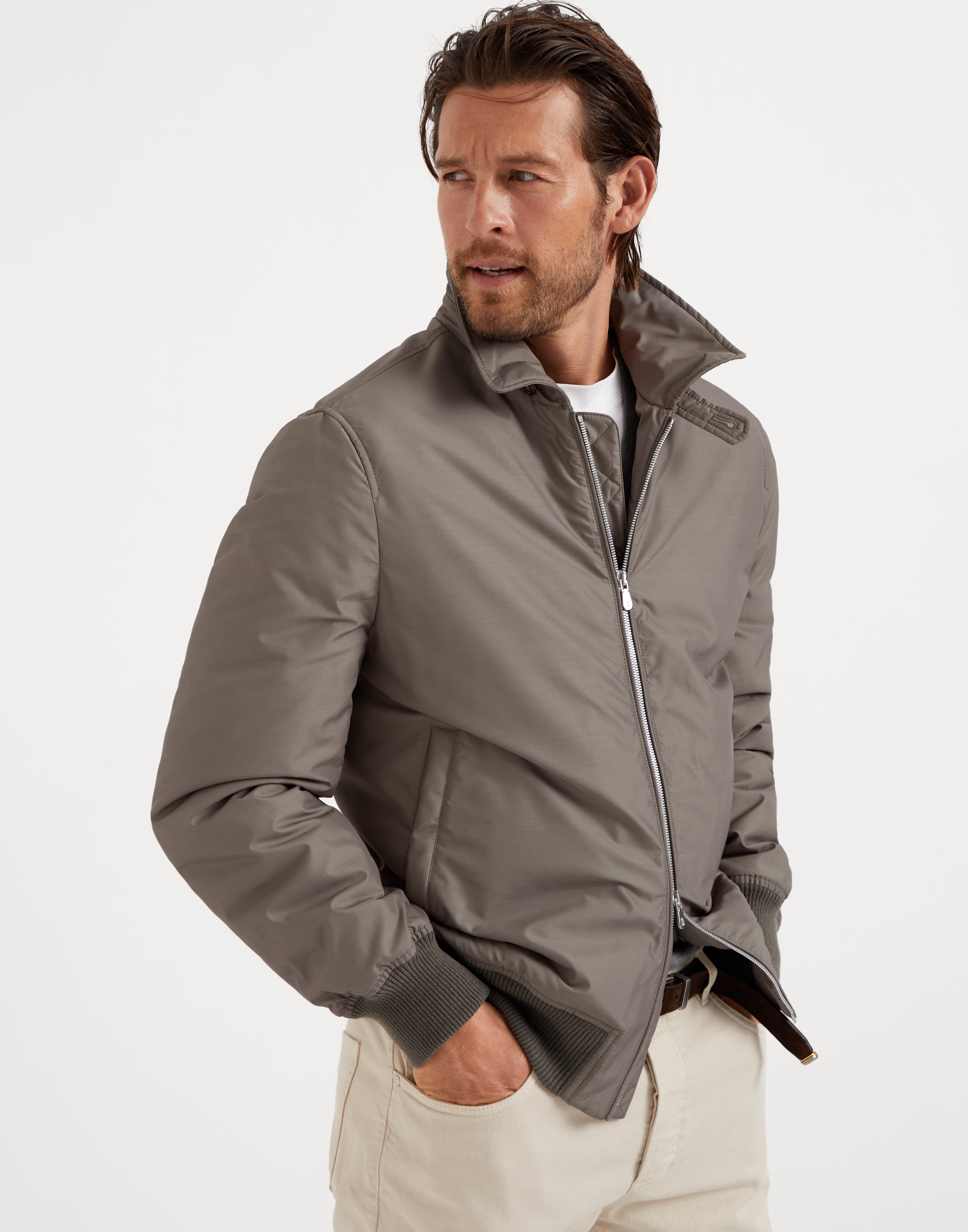 Virgin wool and silk techno poplin bomber jacket with Thermore® padding - 1