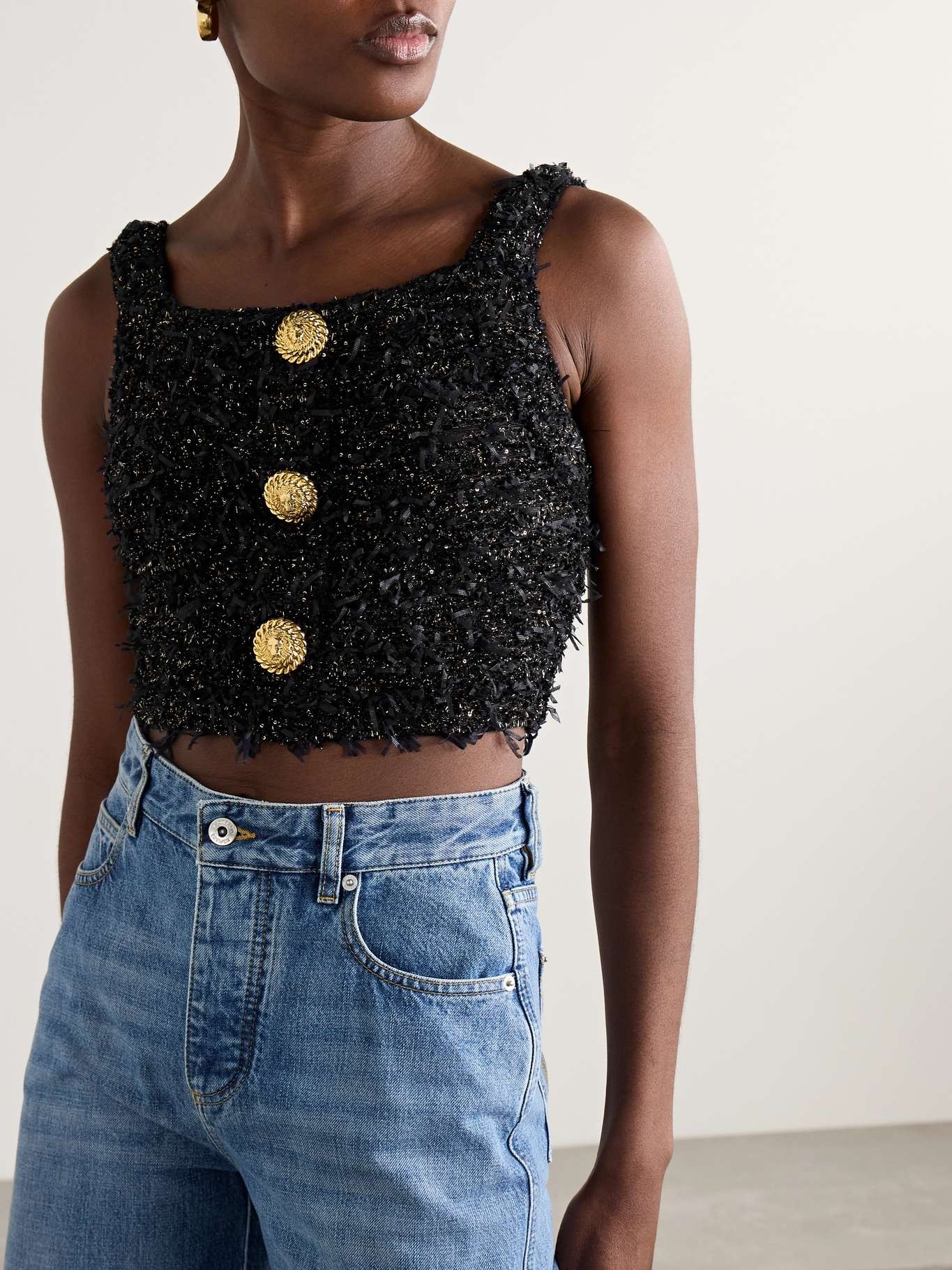 Cropped button-embellished sequined metallic bouclé-tweed top Black - 3