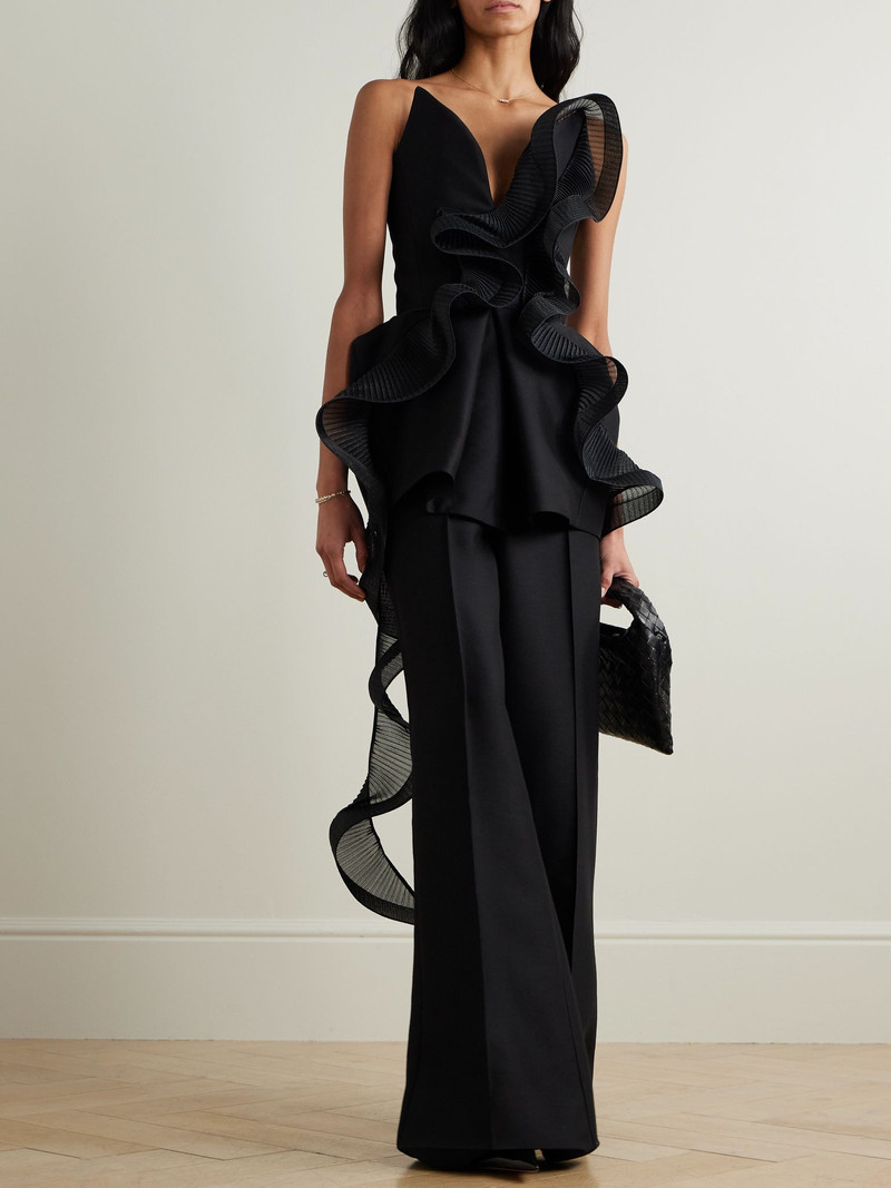MATICEVSKI Mozart strapless asymmetric ruffled pleated wool and silk-blend top Black outlook