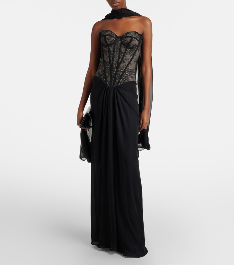 Monique Lhuillier Scarf-detail draped lace gown outlook