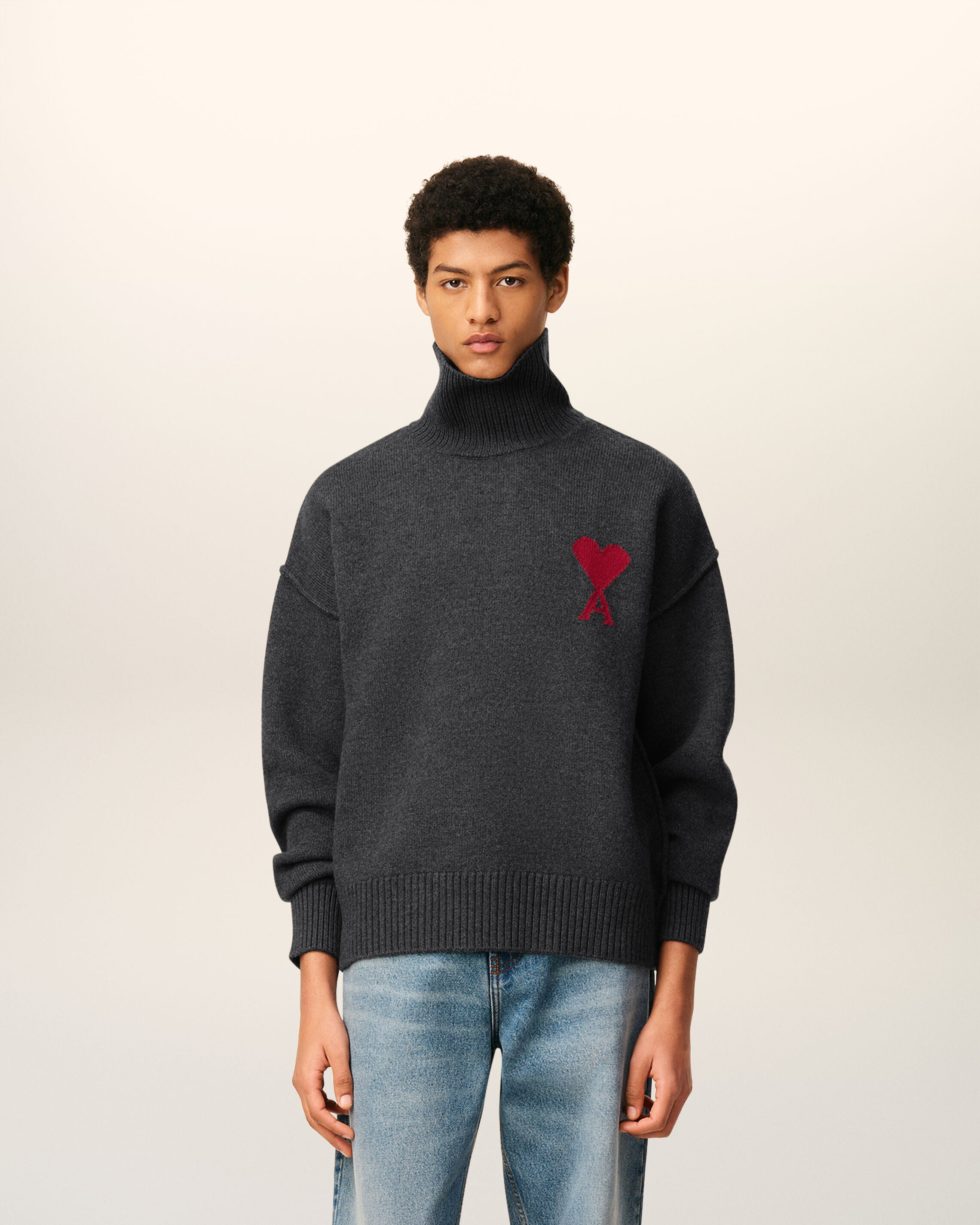 GREY WOOL AMI DE COEUR FUNNEL NECK SWEATER - 2