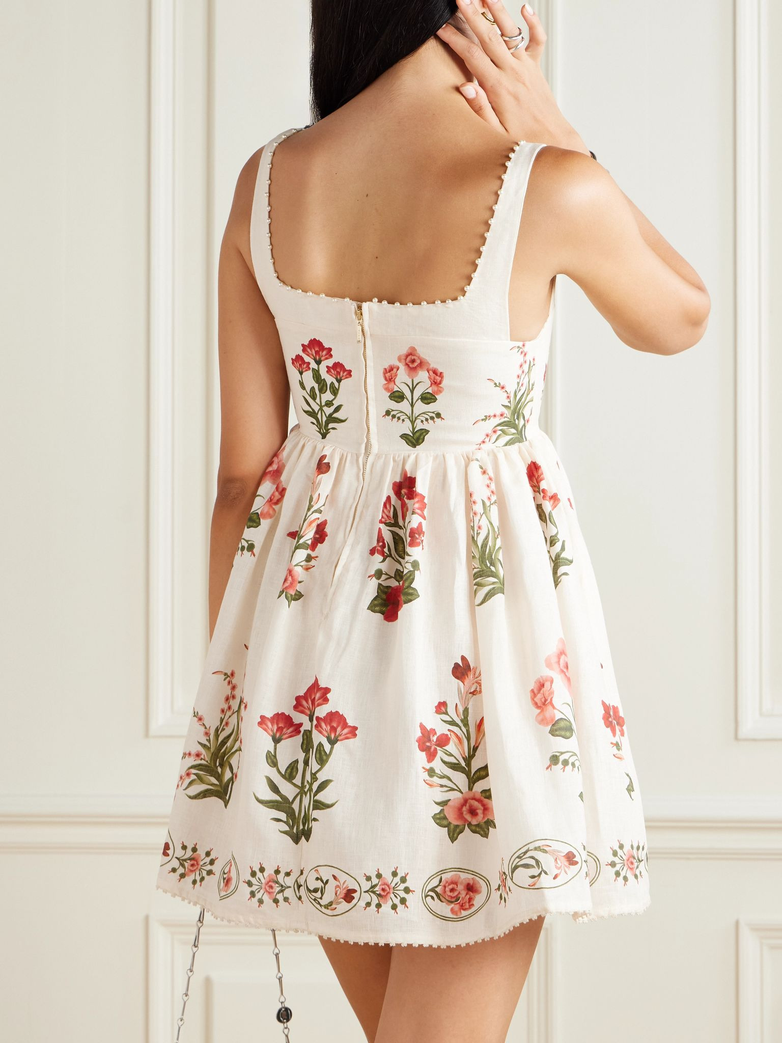 Barbara printed embellished linen mini dress Cream - 3