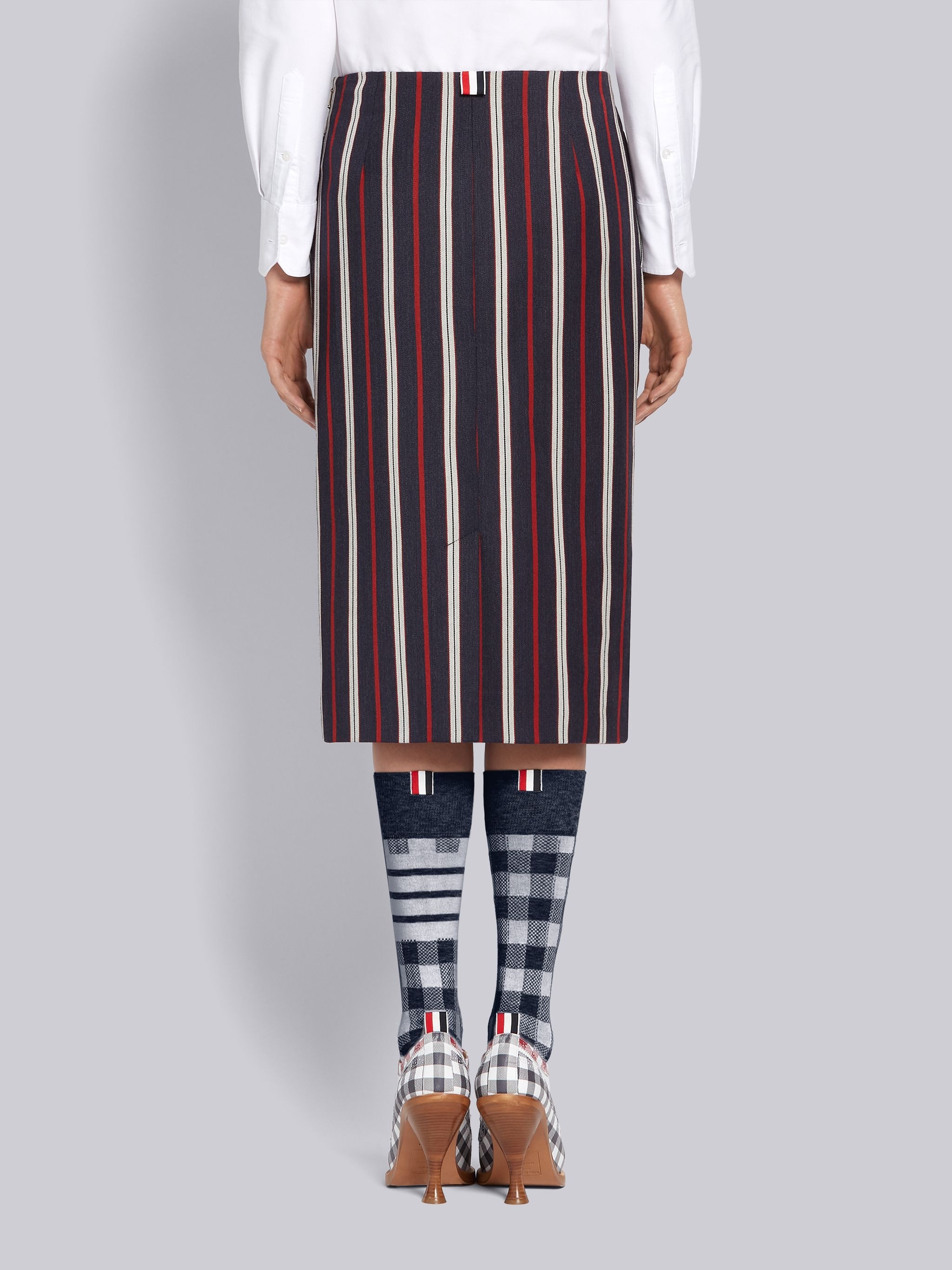 Multi-Color Wool Cotton Suiting Variegated Rep Stripe Knee Length Sheath Pencil Skirt - 3