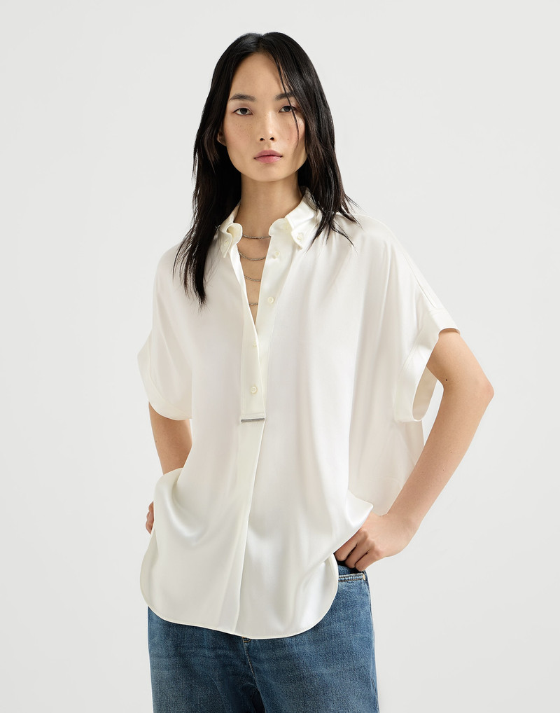 Stretch silk satin short sleeve shirt with monili 2