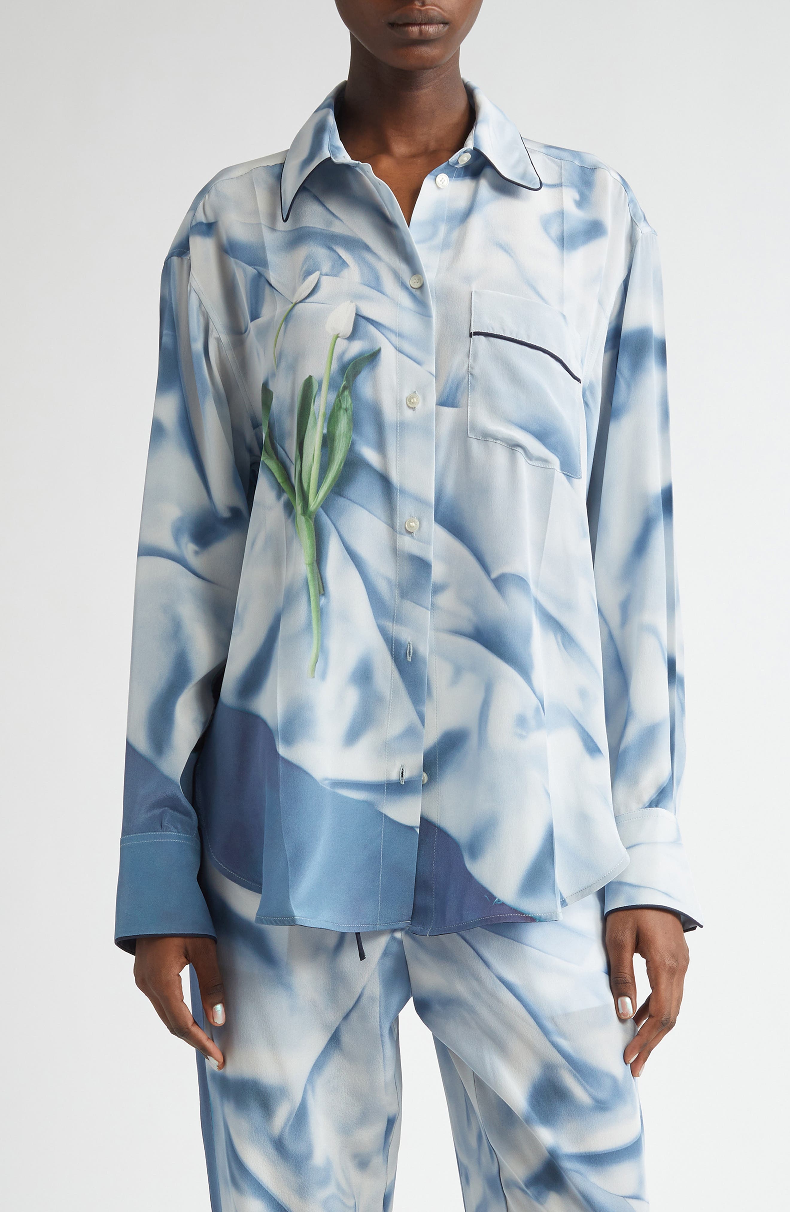 Victoria Beckham Piped Floral Silk Satin Button-Up Pajama Shirt in Satin Flowers Ice Blue at Nordstr - 1