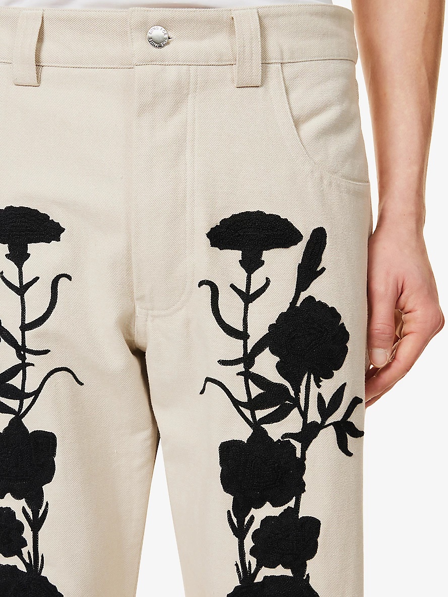 Floral-embroidered relaxed-fit cotton-twill trousers - 5