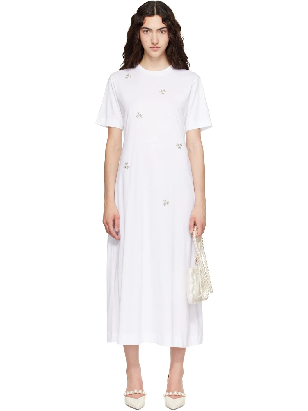 White Easy Embellished T-shirt Midi Dress - 1