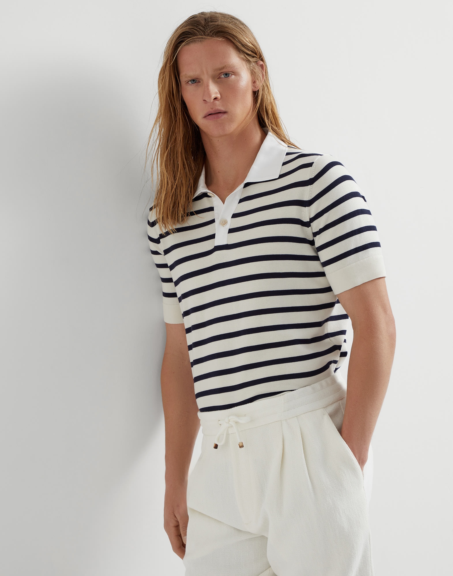 Cotton striped knit polo shirt with twill collar - 4