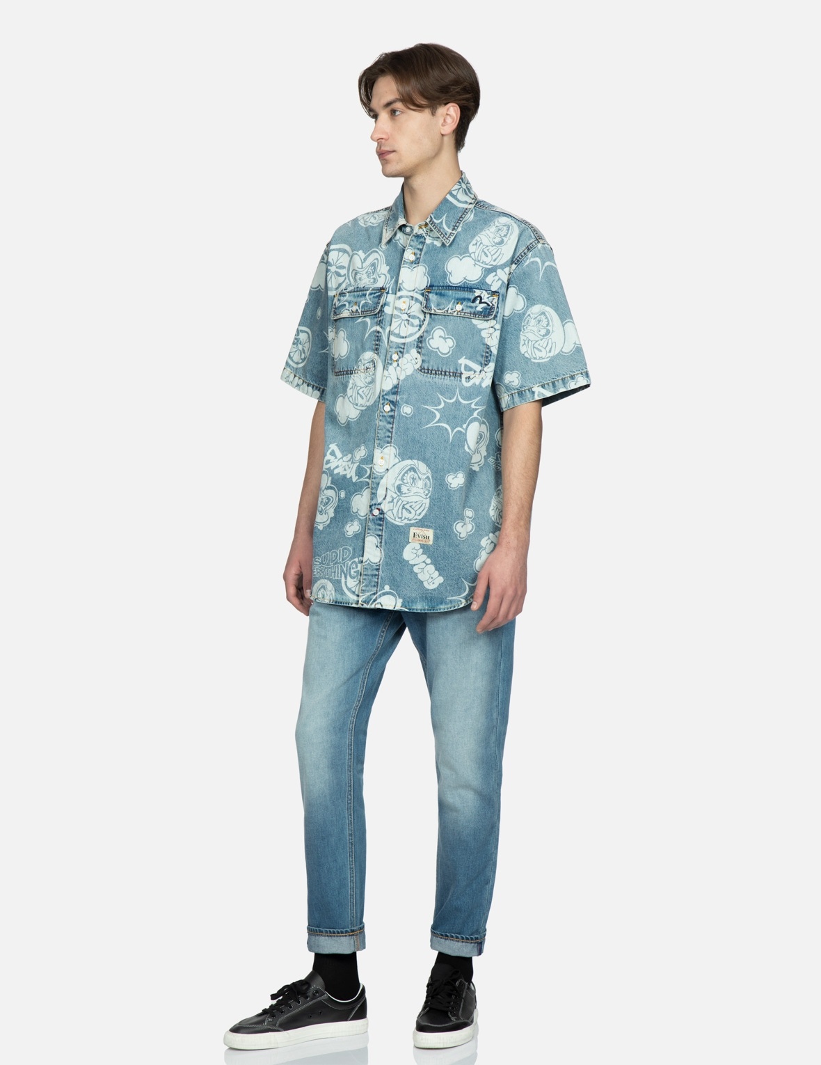 ALLOVER GRAFFITI DARUMA AND LOGO DISCHARGED-PRINT DENIM SHIRT - 3