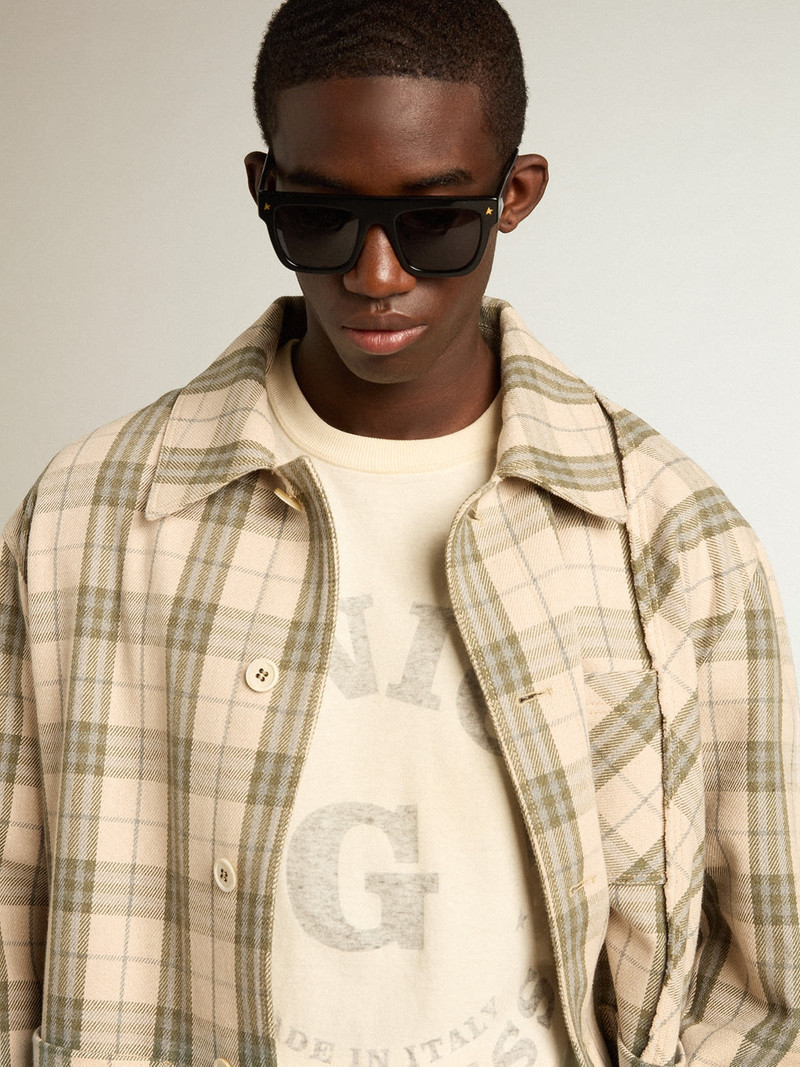 Golden Goose Men's slim-fit shirt made of ecru and green cotton flannel outlook