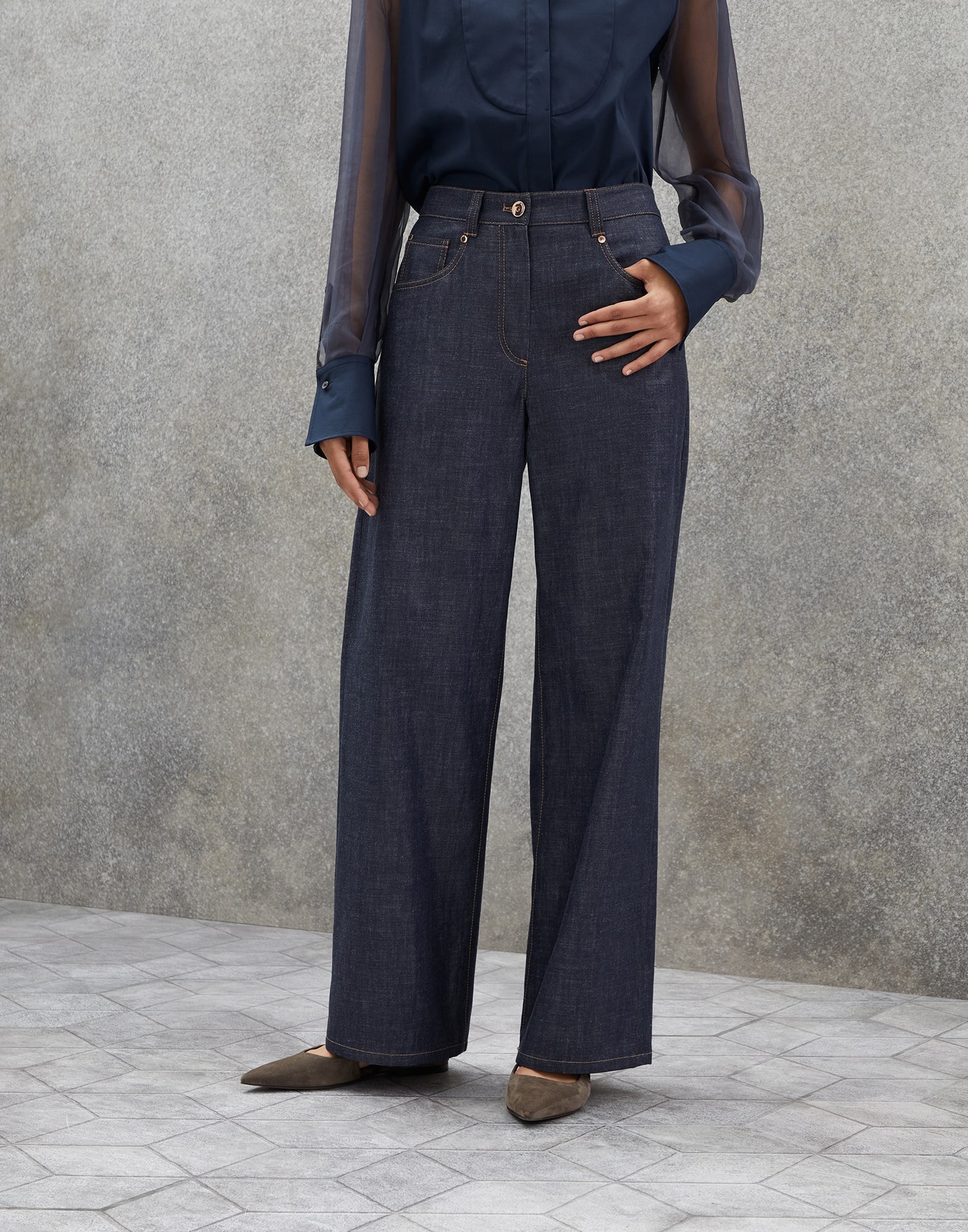 Lightweight wet-effect denim loose five-pocket trousers with shiny bartack - 1